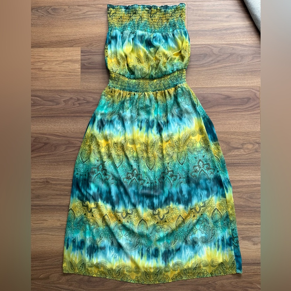 Vintage Y2K Size L Strapless Maxi Dress Rainbow Boho Tye-Dye Paisley Fairy - Picture 6 of 11